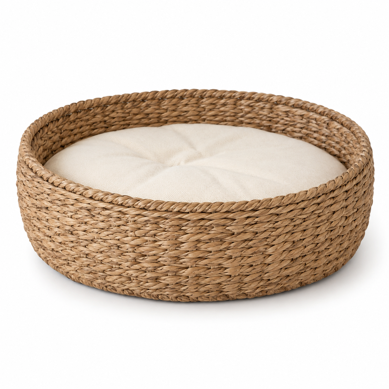 Corbeille tressée naturelle avec coussin crème 50 cm