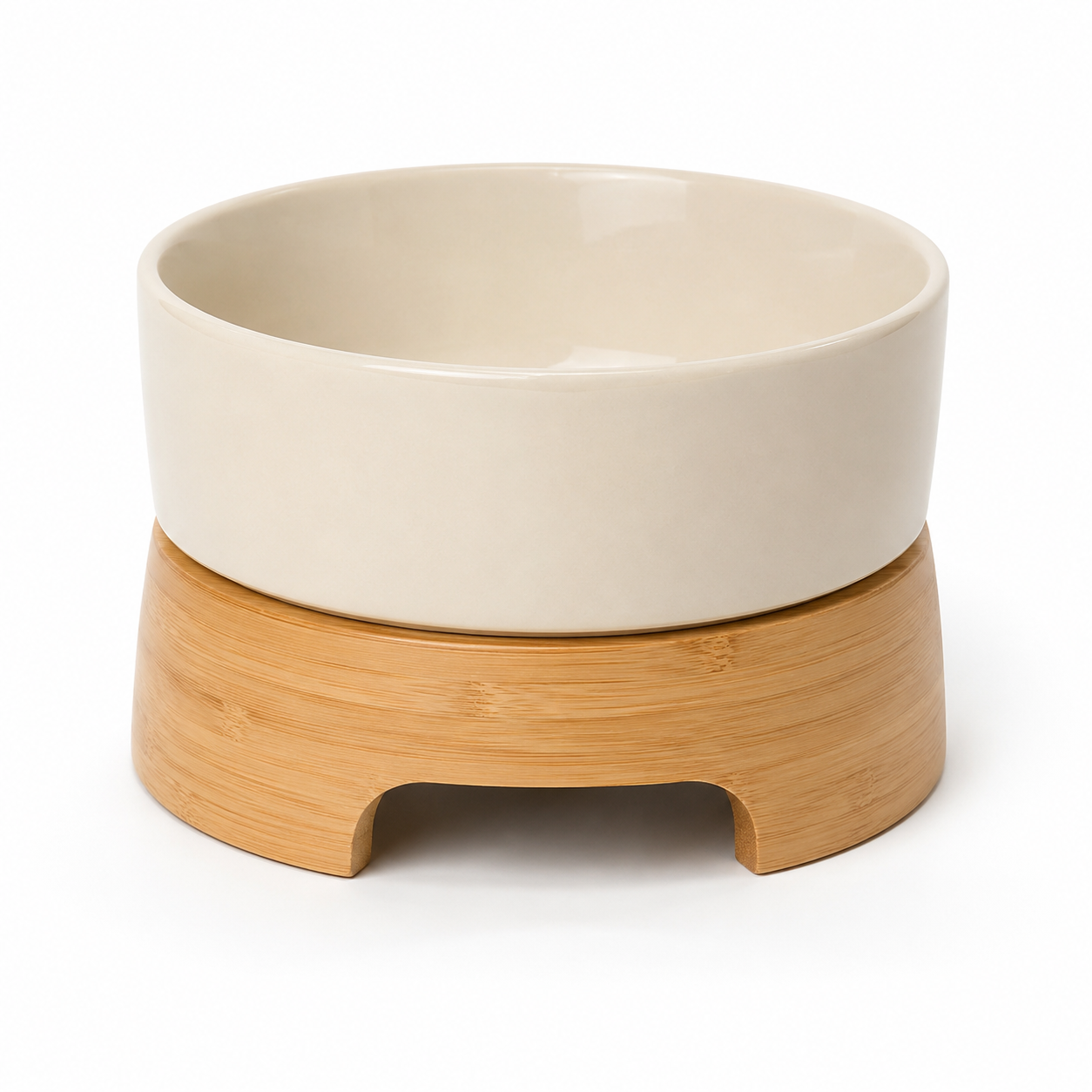 Gamelle surélevée en céramique crème sur base bambou 500 ml