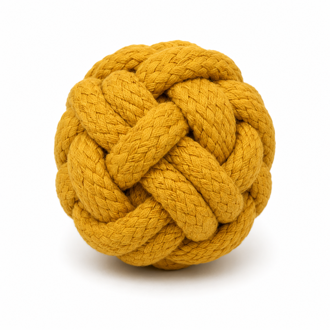 Balle en corde tressée jaune moutarde pour chien 8 cm